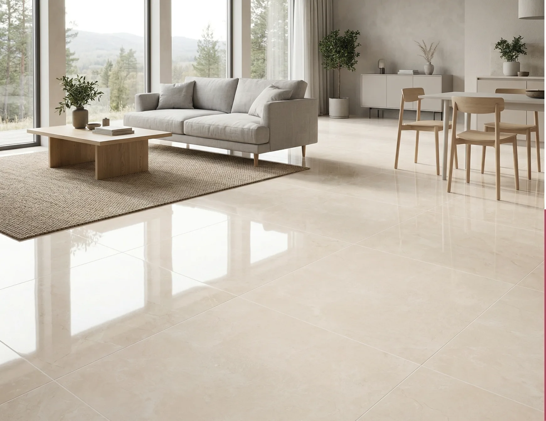 Warm neutral spaces using porcelain surfaces